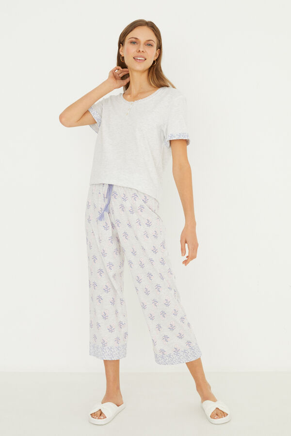 Womensecret Pyjama long coton gris imprimé fleurs gris