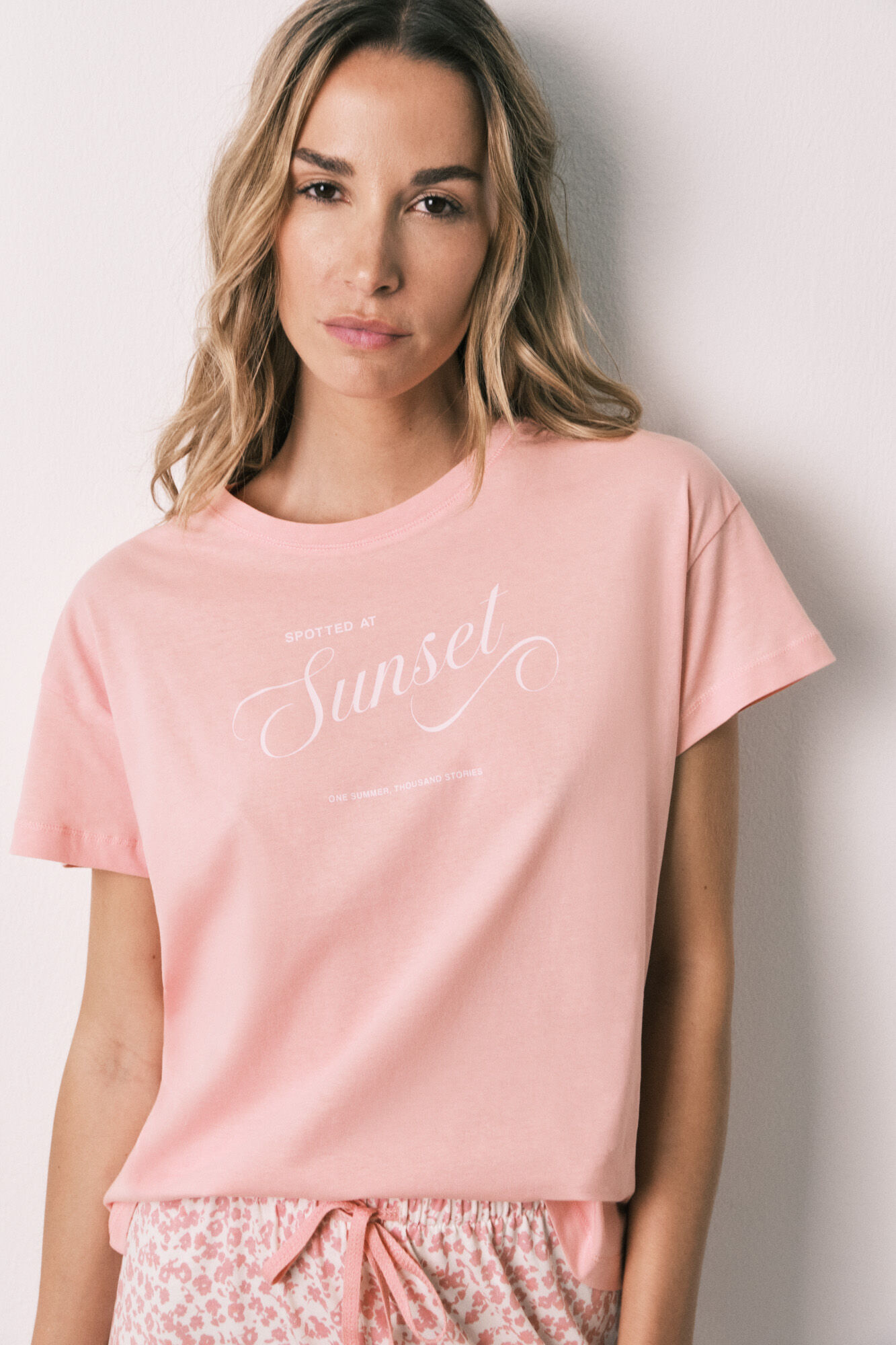Women'secret Roze pamučna kapri pidžama sa sitnim cvetnim dezenom