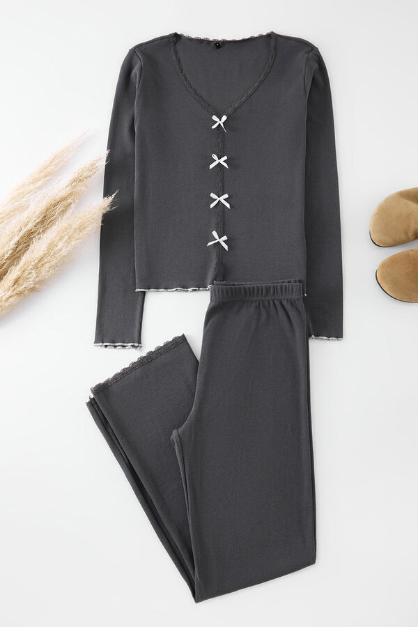Trendyol Conjunto de pijama de algod&atilde;o canelado com detalhes de renda cinzento