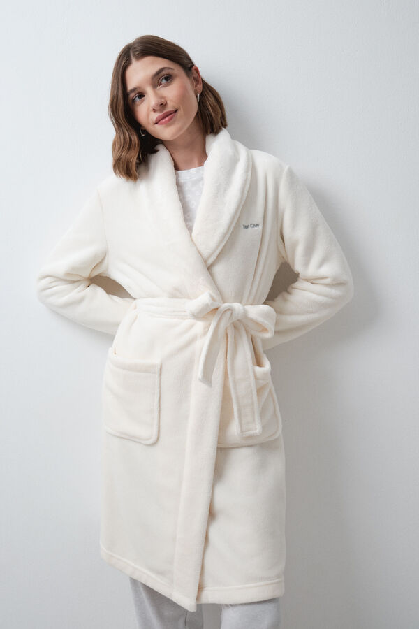 Women'secret Robe de chambre longue crois&eacute;e polaire &eacute;cru beige