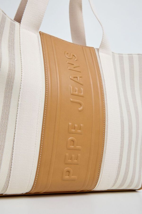 Pepe Jeans Bolso shopper lona rayas marfil
