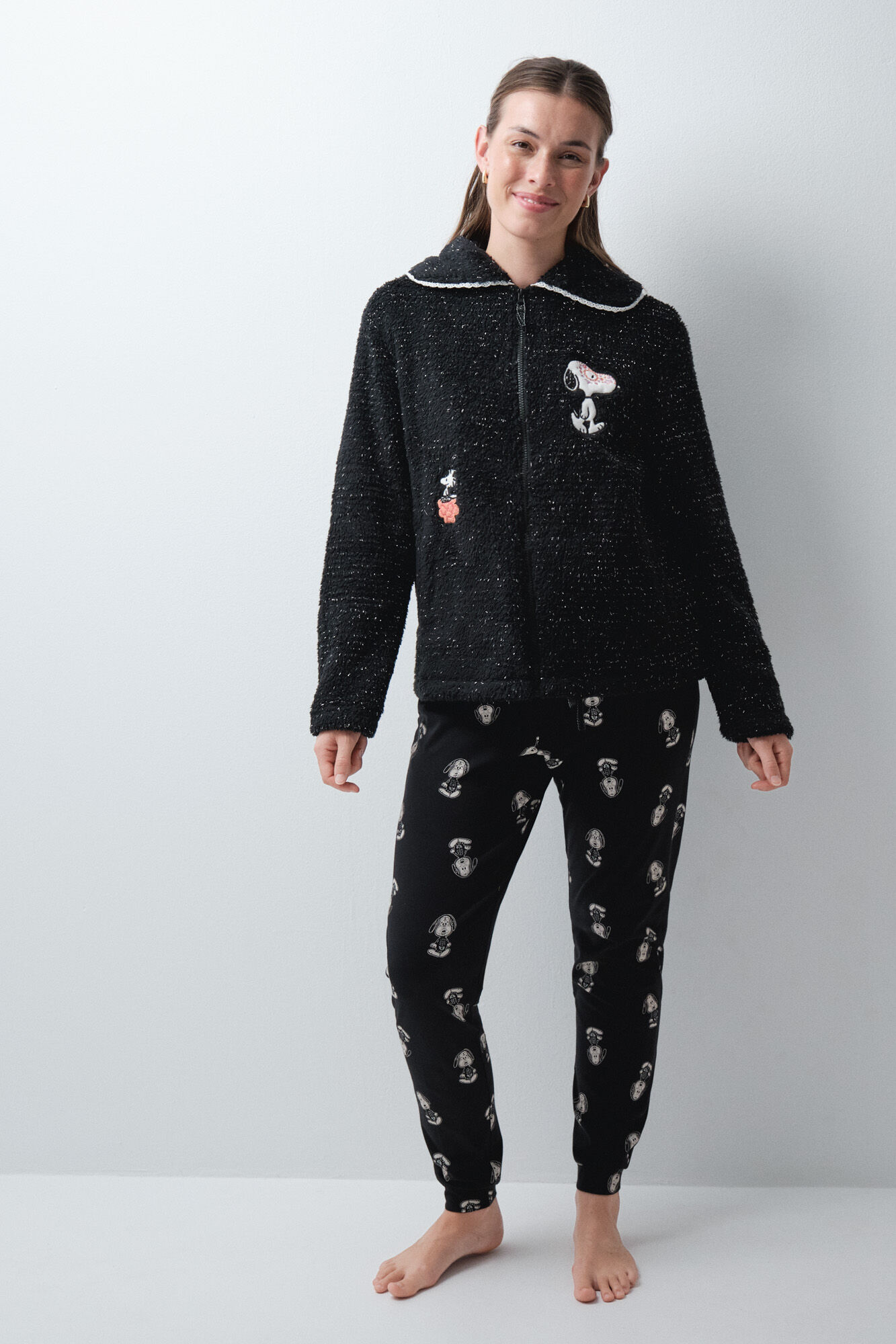 Women'secret Black faux shearling short robe Snoopy