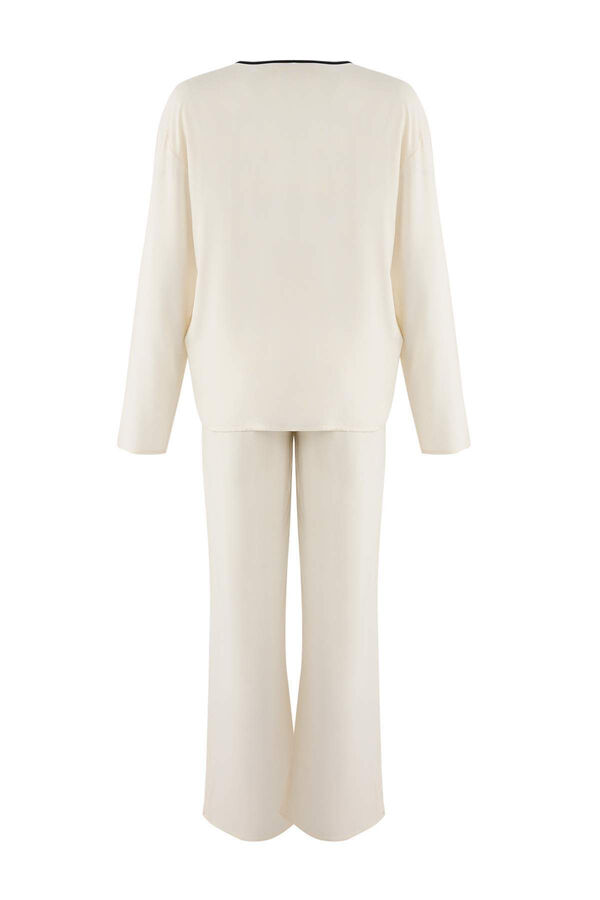 Trendyol Ecru viscose classic pyjamas set with piping and bow or tie Bež