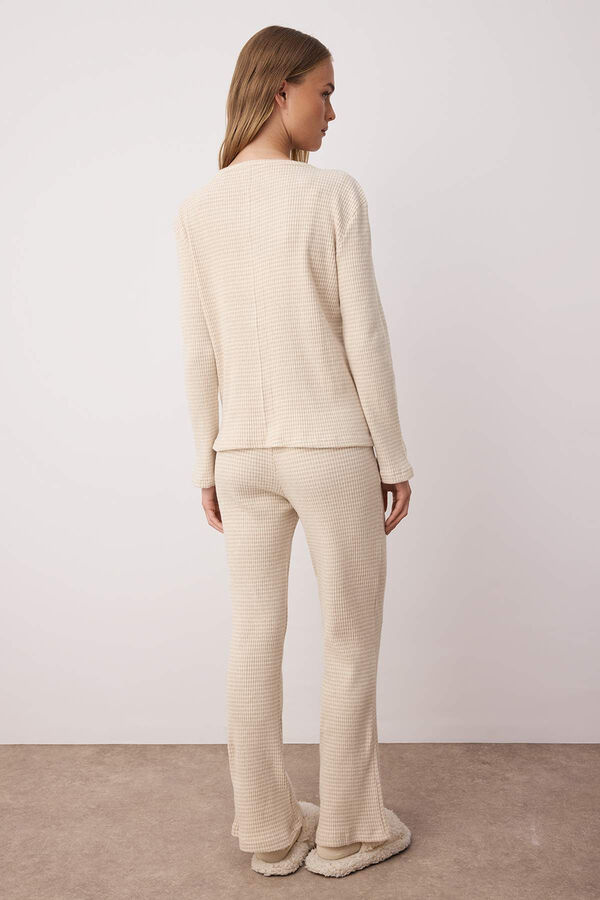 Trendyol Ribbed jersey-knit long pyjamas set with beige striped cardigan  brown