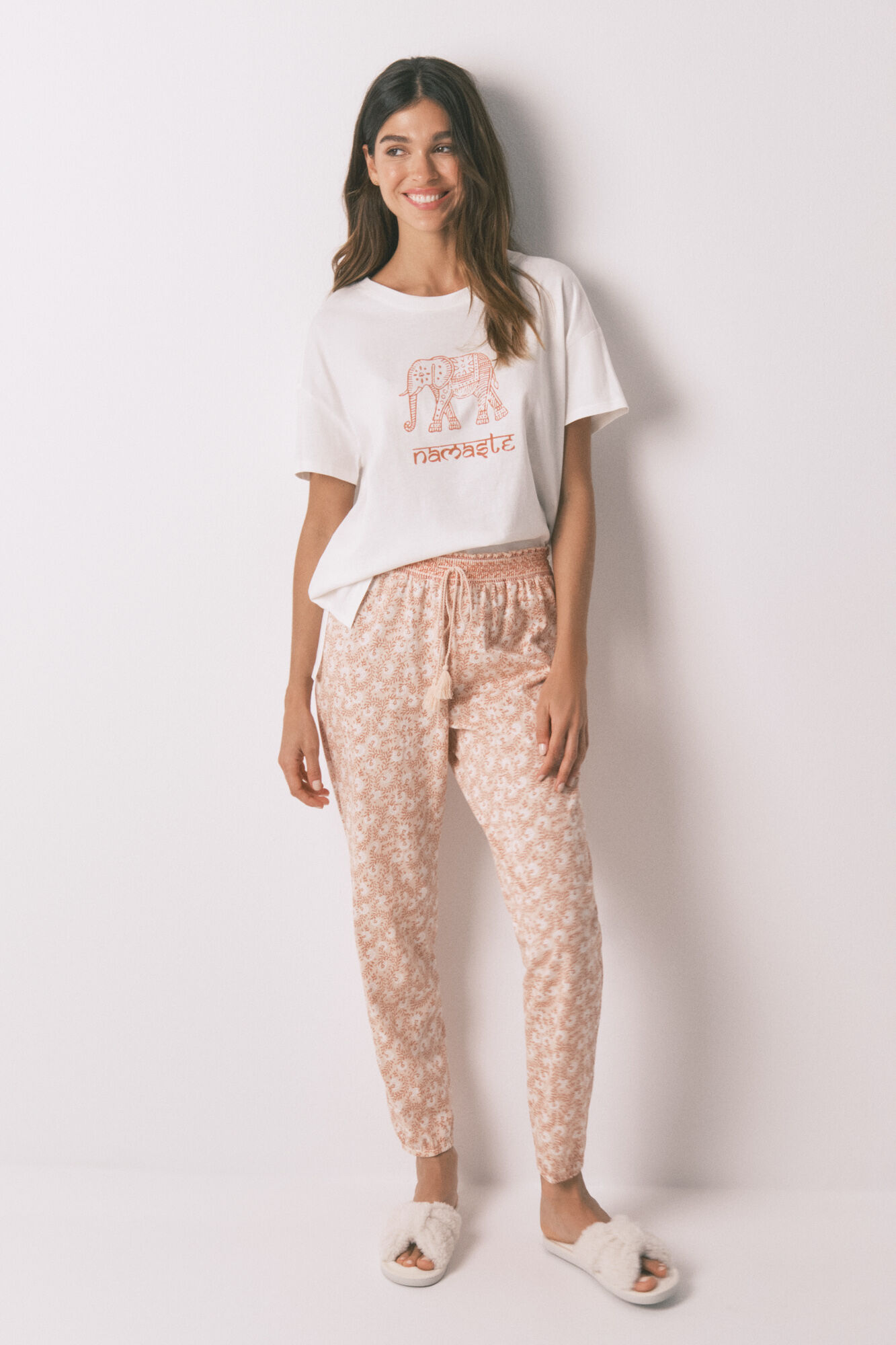 Women'secret Pantal&oacute;n skinny 100% algod&oacute;n flores naranja