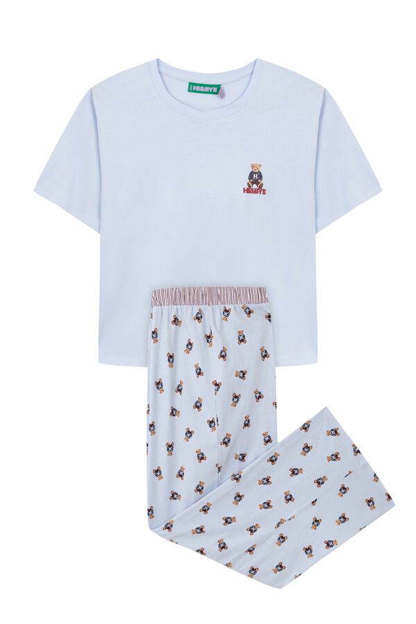 HI&BYE Blue cotton long pyjamas with bear print blue