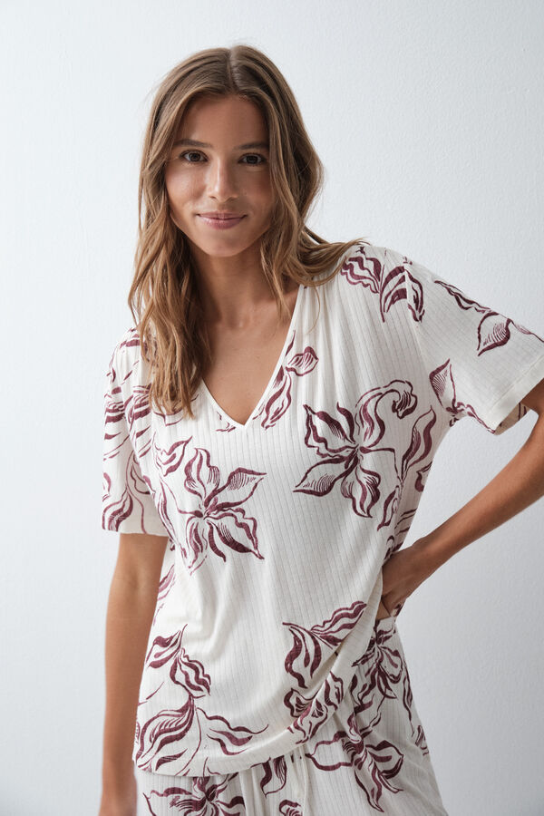 Women'secret Pyjama long &agrave; manches courtes &agrave; fleurs beige
