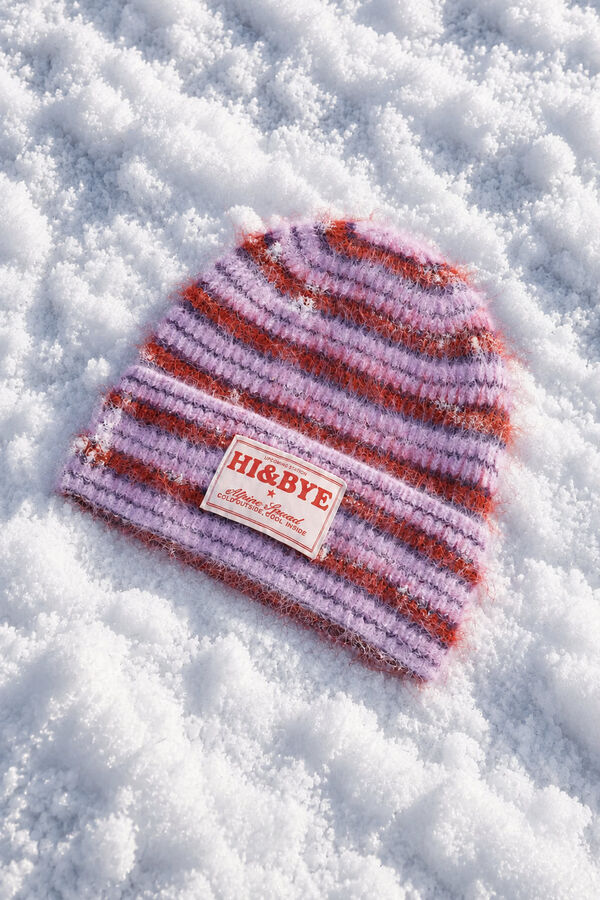 HI&BYE Bonnet en maille &agrave; rayures violet rose