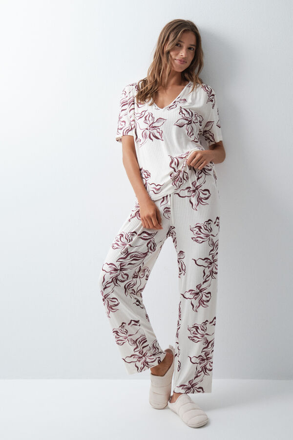 Women'secret Pyjama long &agrave; manches courtes &agrave; fleurs beige