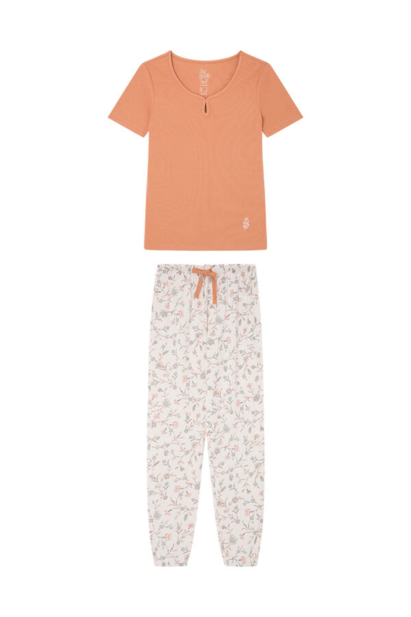 Womensecret Orange pyjamas in 100% cotton with floral print bottoms Narandžasta