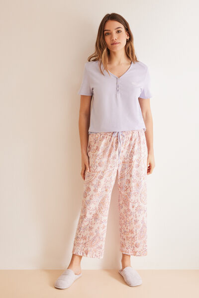 Womensecret Svijetloljubičasta capri pidžama od 100%-tnog pamuka s kašmirskim uzorkom Ružičasta