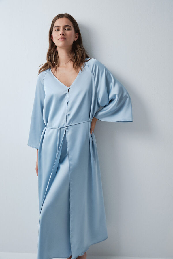 Women'secret Satin-finish puffed sleeve long robe blue