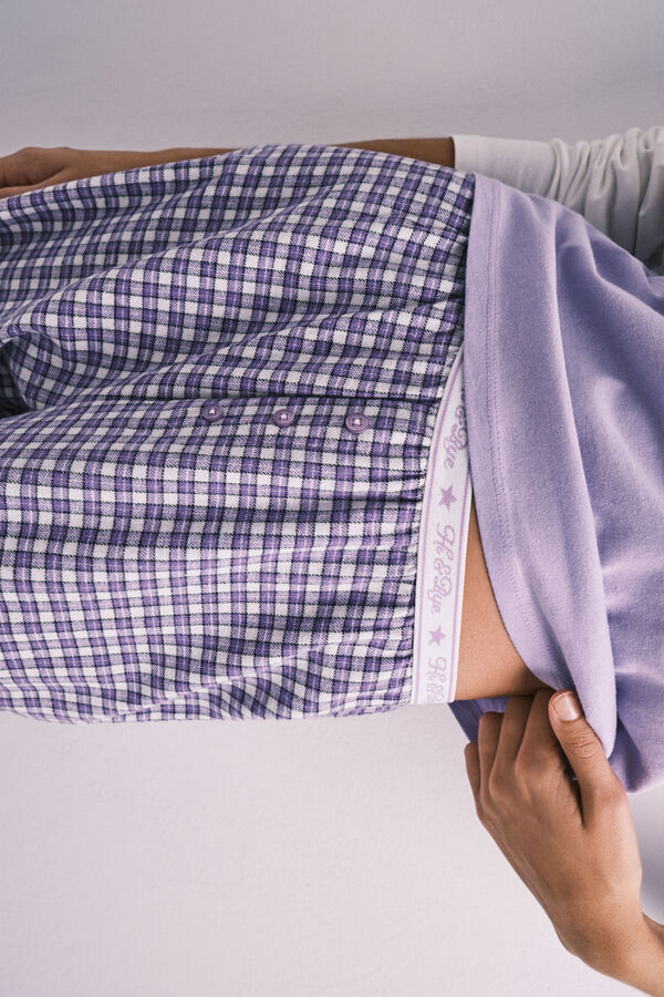 HI&BYE Purple cotton plaid long pyjamas pink
