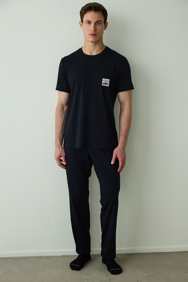 Penti Conjunto de pijama de manga calções com slogan masculino Car preto