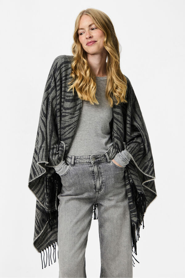 Pieces Casual Poncho mit Zebra-Animal-Print und Fransen Grau