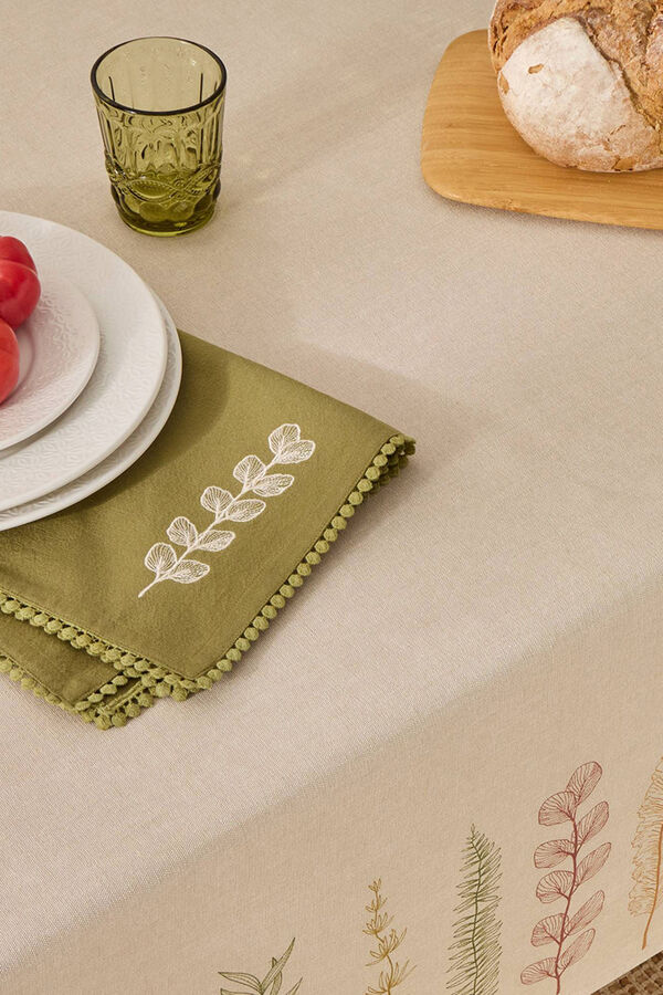 Textura Stain-resistant cotton tablecloth leaves beige