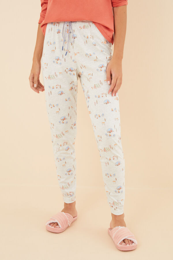 Womensecret Long camping print 100% cotton pyjama bottoms white