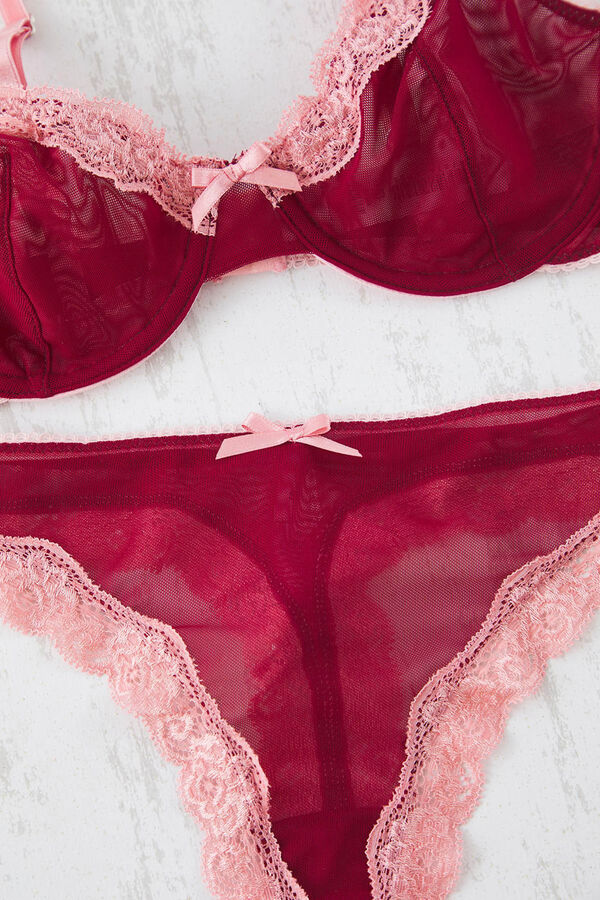 Trendyol Conjunto de lencer&iacute;a sin forro con tirantes, encaje de tul cereza oscuro y detalles de cinta y lazo.  burdeos