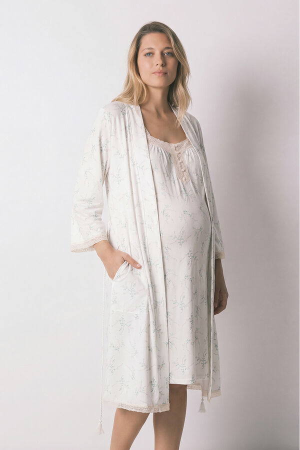 Women'secret Floral print cotton long maternity robe beige