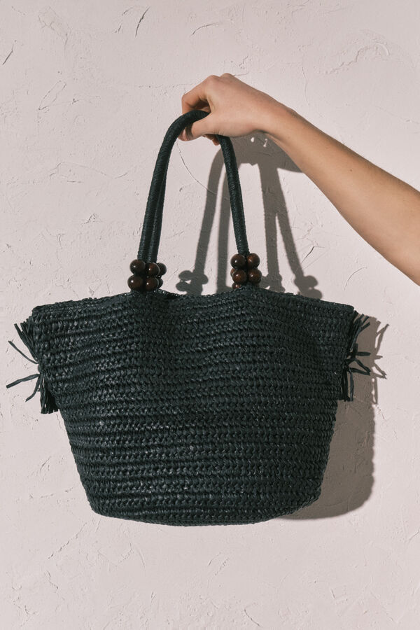 Women'secret Black raffia fringe medium bag black