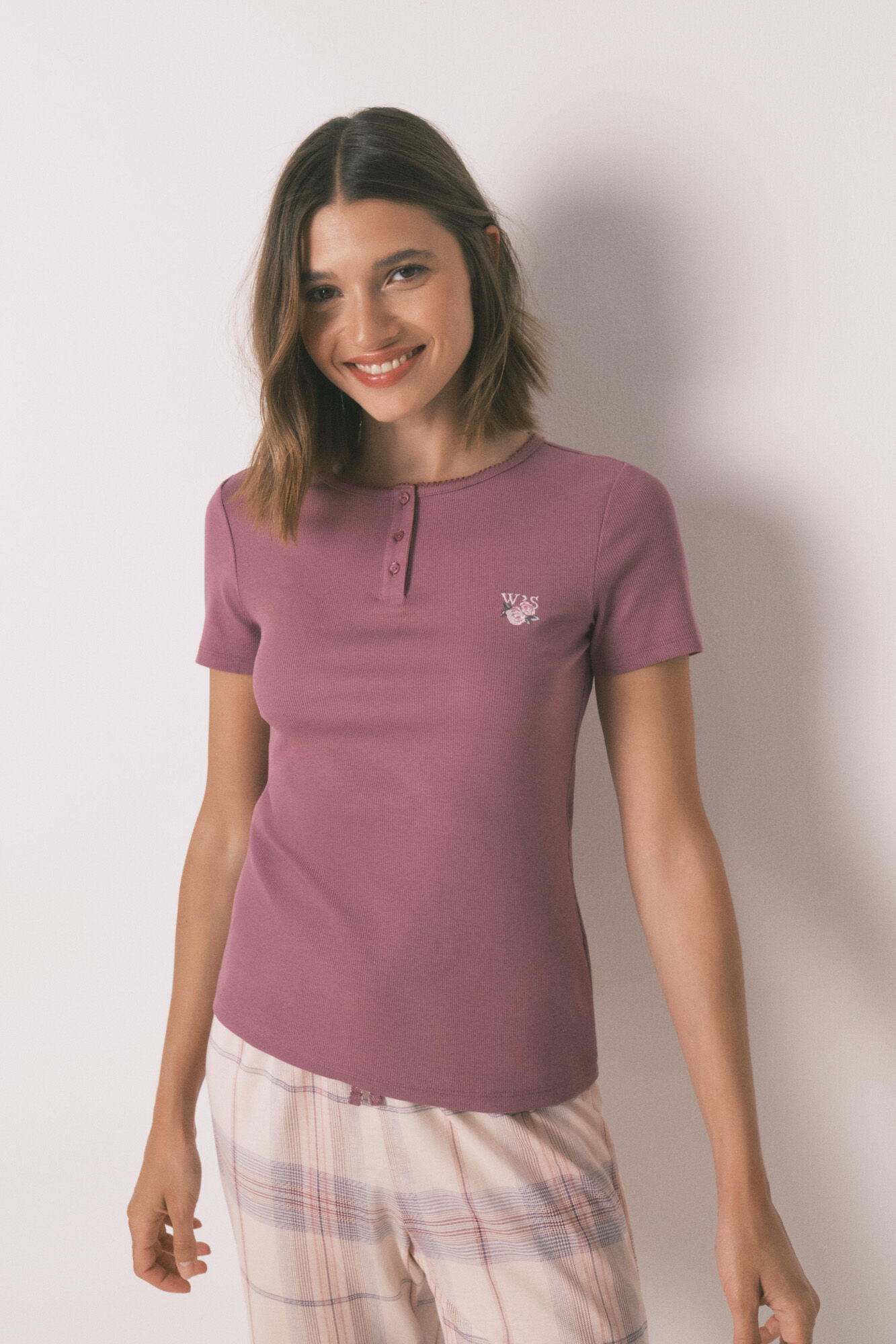 Women'secret Pijama largo algod&oacute;n estampado cuadros rosa