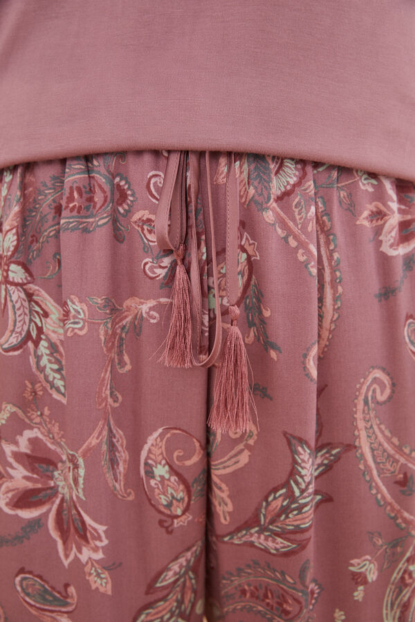 Womensecret Hosszú nadrágos, rövid ujjú rózsaszín pizsama, virágmintás szaténból és viszkózból rózsaszín