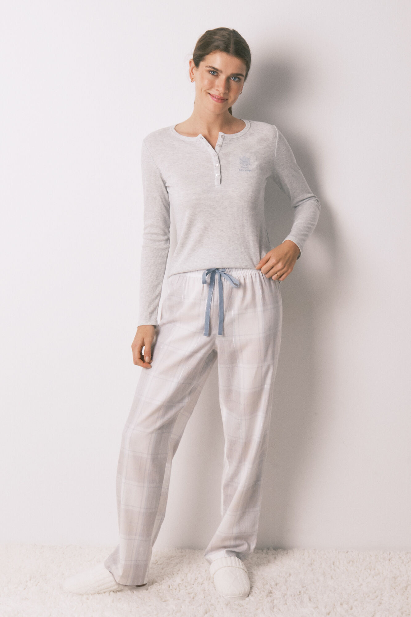 Women'secret Pijama comprido xadrez efeito brilho cinza