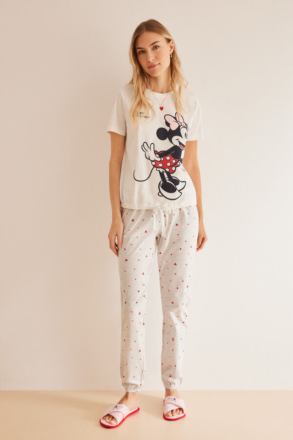 Womensecret Minnie-mintás, szívecskés pizsama, 100% pamutból bézs