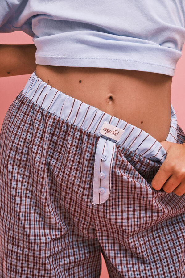 HI&BYE Plaid cotton long pyjamas blue