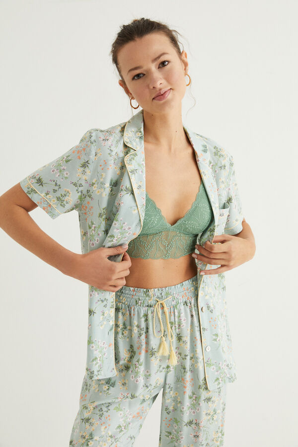 Womensecret Pijama camisero flores 100% algodón verde estampado