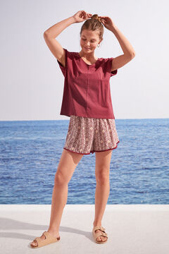 Womensecret Short-sleeved maroon cotton T-shirt with gathering  printed