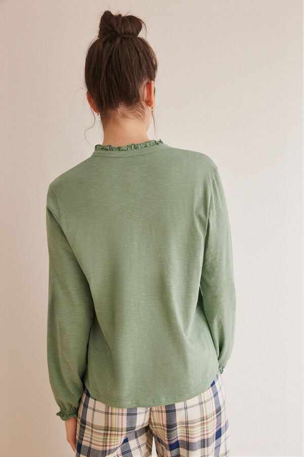 Womensecret Zöld színű, hosszú ujjú póló V dekoltázzsal, 100% pamutból zöld
