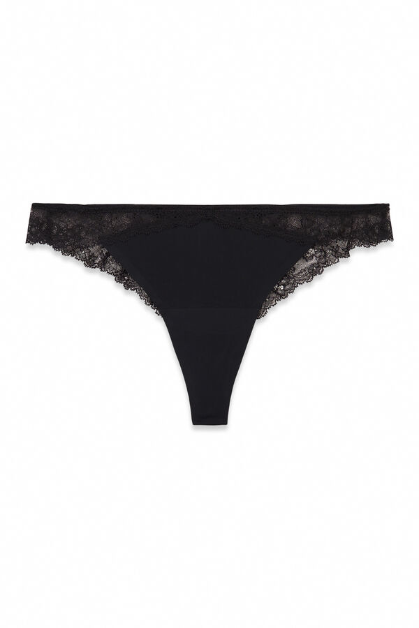 Women'secret Tanga microfibra y encaje negra negro