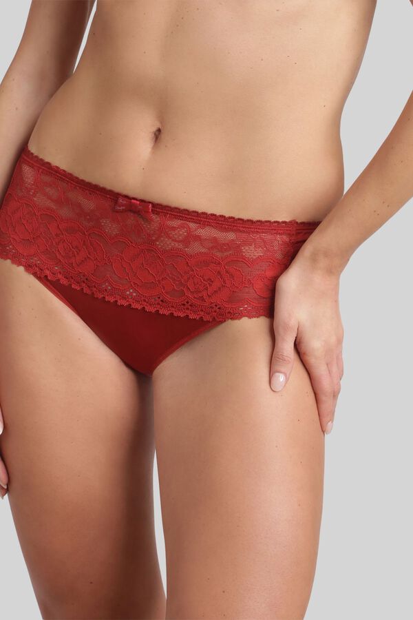 Playtex Satynowe figi z wysokim stanem i haftem kwiatowym bordowy