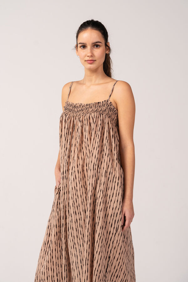 Womensecret Women's beach dress in cotton with ethnic print in camel brown