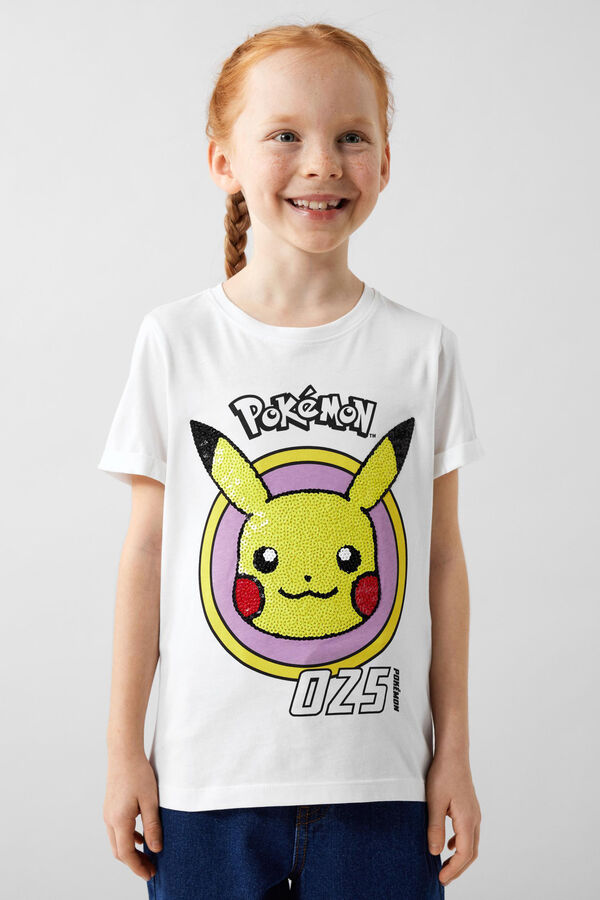 Womensecret Camiseta de niña de POKÉMON de manga corta con lentejuelas white