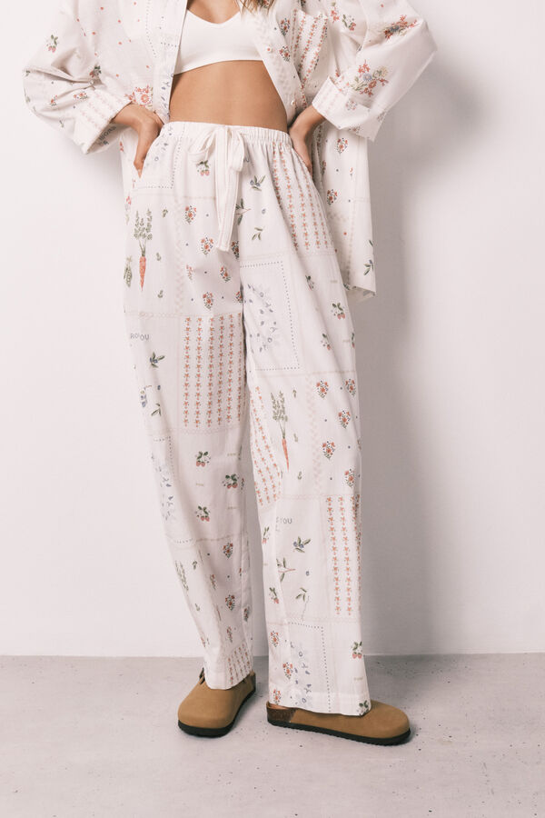 Women'secret Pantalon long 100% coton &agrave; imprim&eacute; floral blanc