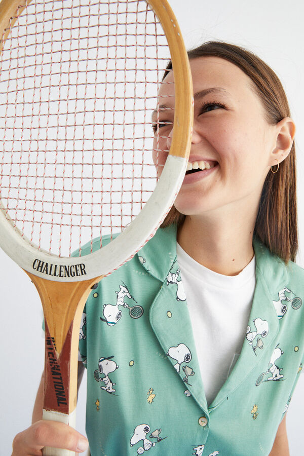 Womensecret Midi-Nachthemd Hemdlook 100 % Baumwolle Grün Snoopy mit Print