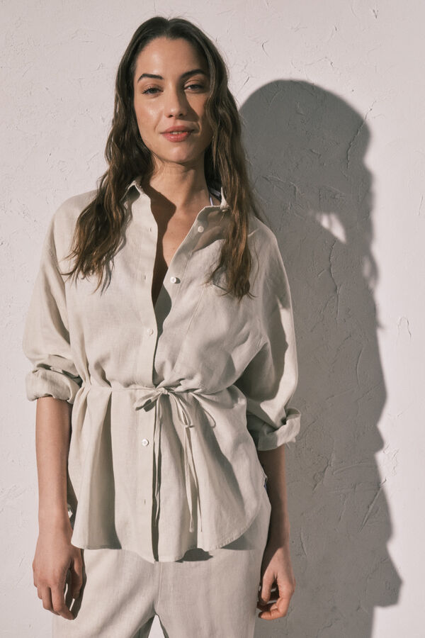 Women'secret Bela lanena ko&scaron;ulja dugih rukava Braon