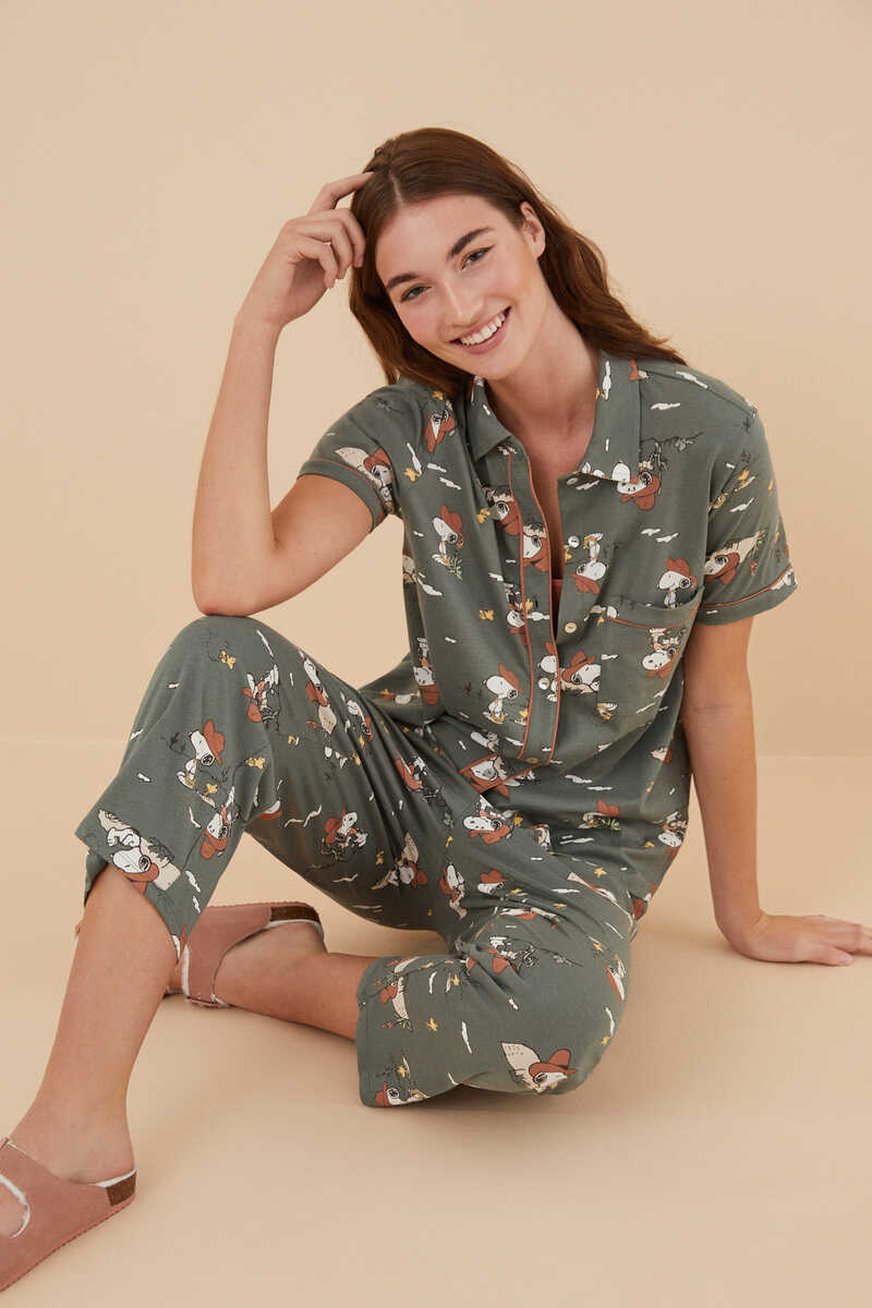 Womensecret Green classic short sleeve capri Snoopy pyjamas in 100% cotton green