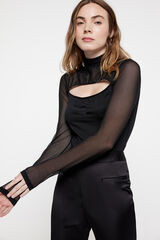 Womensecret Long-sleeved bodysuit with high neck. Transparent sleeves. Crna