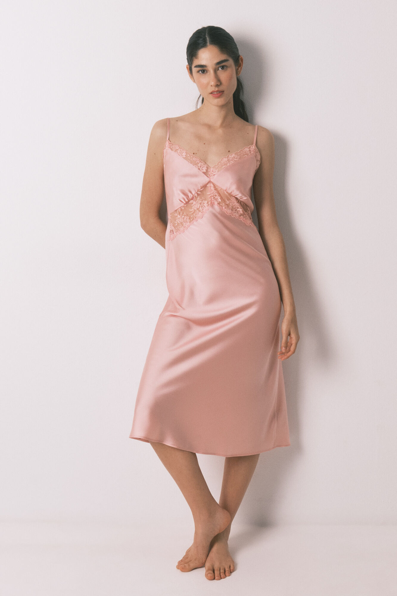 Women'secret Pink satin and lace midi nightgown