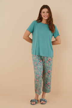 Womensecret Pijama verde manga corta pantalón Capri flores viscosa satén verde
