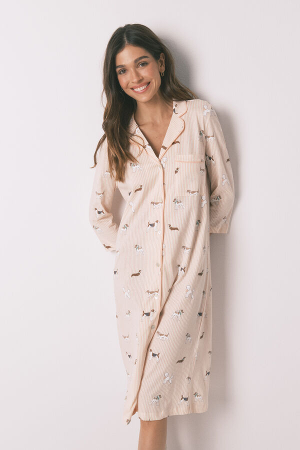 Women'secret Striped and dog print 100% cotton midi nightgown red