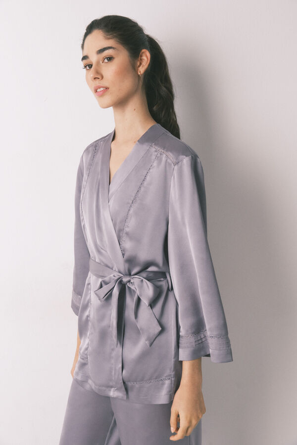 Women'secret Ensemble pyjama satin et dentelle gris gris