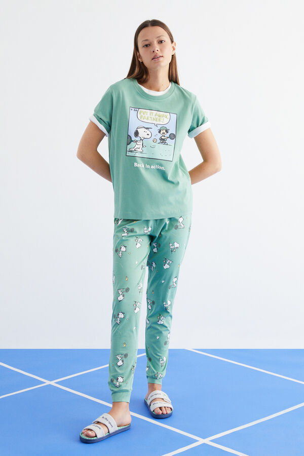 Womensecret Pyjama lang Grün 100 % Baumwolle Grün Snoopy Naturweiß