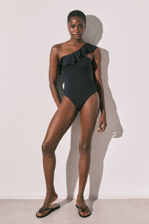 Women'secret Black asymmetric ruffle shaping swimwear black