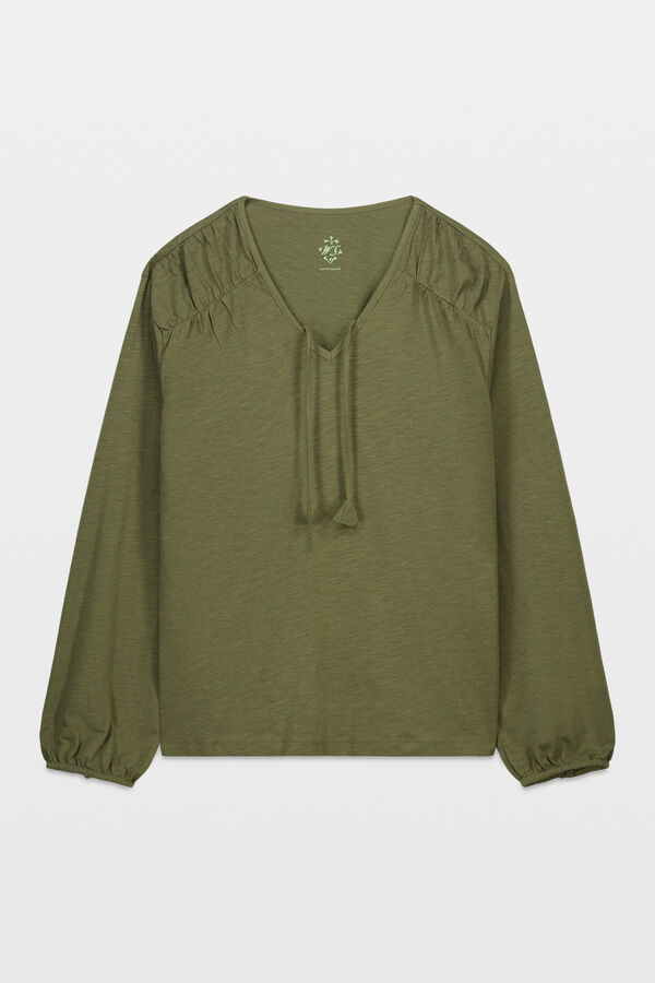 Women'secret Green cotton ruched long sleeve T-shirt beige