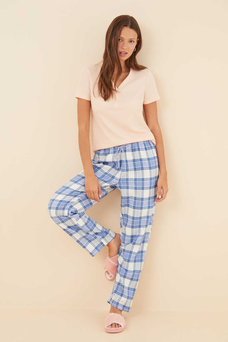 Womensecret Long blue checked 100% cotton flannel pyjama bottoms printed