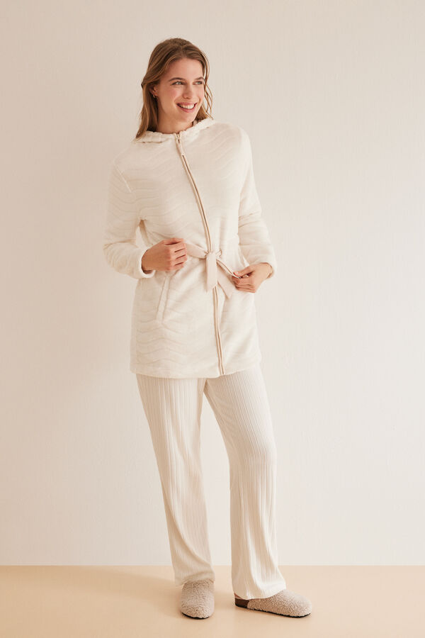 Womensecret White fleece zip-up robe beige